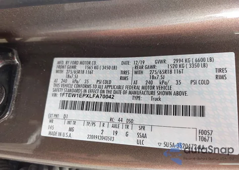 2020 Ford F-150 Xlt из США, поврежденный, VIN 1FTEW1EPXLFA70042